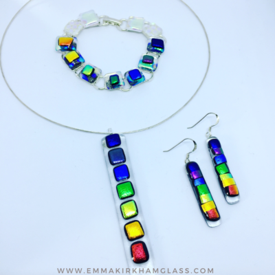 Bracelet, necklace and earrings chakra set. With Rainbow colours on fused glass/