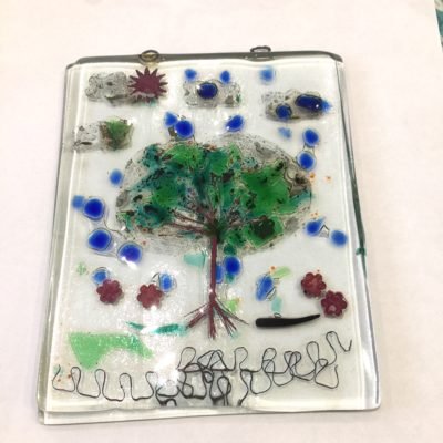 Fused glass tree from copper wire, geen and blue cgips with copper and aluminium foil detail.