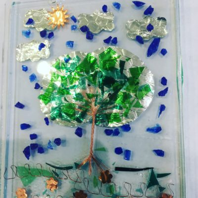 Glass plate with tree, bird and flower detail