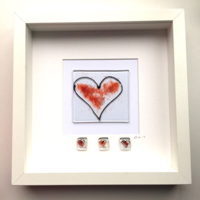 Art Glass Box Frame Large red glass heart with 3 smaller heart glass pieces
