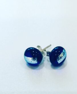 Round royal blue glass earrings with dichroic silver glass stripe detail.Mounted on sterling silver posts with sterling silver backs