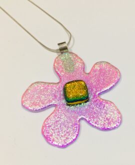 Dichroic clear glass flower, clear pnik with god/rnage centre on a sterling silver chain