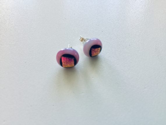 Earrings Pastel pink round glass studs with dichroic pnik glass detail