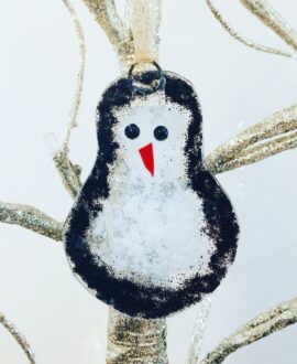Perry Penguin fused glass hanging decoration in black and white glass. Made from recycled picture frame glass.